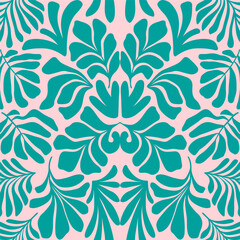 Fototapeta na wymiar Turquoise pink abstract background with tropical palm leaves in Matisse style. Vector seamless pattern with Scandinavian cut out elements.