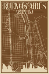 Colorful hand-drawn framed poster of the downtown BUENOS AIRES, ARGENTINA with highlighted vintage city skyline and lettering