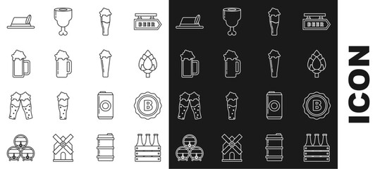 Set line Pack of beer bottles, Bottle cap with inscription, Hop, Glass, Oktoberfest hat and icon. Vector