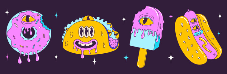 Psychedelic retro cartoon fast food character set. Modern stickers in trendy Y2K style with taco, ice cream, donut, hot dog. Funny faces with distorted eyes and vibrant colors.  Crazy vector.
