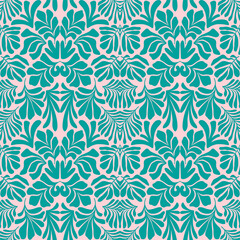 Turquoise pink abstract background with tropical palm leaves in Matisse style. Vector seamless pattern with Scandinavian cut out elements.