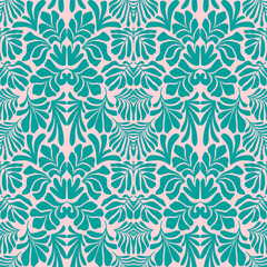 Turquoise pink abstract background with tropical palm leaves in Matisse style. Vector seamless pattern with Scandinavian cut out elements.