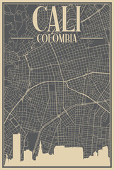 Colorful hand-drawn framed poster of the downtown CALI, COLOMBIA with highlighted vintage city skyline and lettering