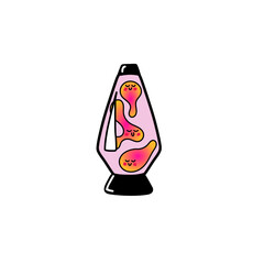 hand drawn illustrated groovy lava lamp with happy cartoon character faces in pink and orange isolated on a transparent background
