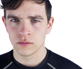 A rugby player looking at the camera