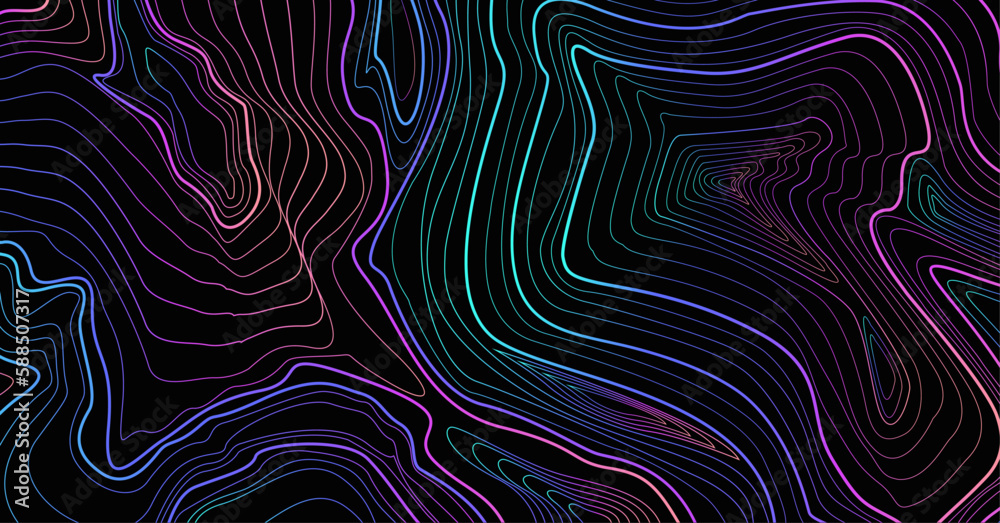 Poster Outline retrofuturistic surreal relief map. Pattern with glitch and fluid effect, smooth lines, contour, topography, trippy concept. Vaporwave and synthwave background. Psychedelic trippy background