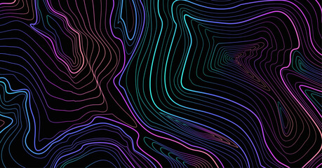 Outline retrofuturistic surreal relief map. Pattern with glitch and fluid effect, smooth lines, contour, topography, trippy concept. Vaporwave and synthwave background. Psychedelic trippy background