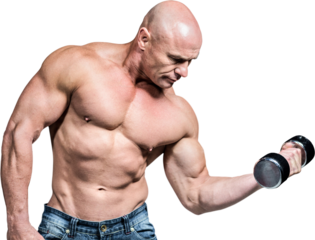 Bald man lifting dumbbells