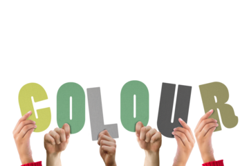 Cropped hands holding colorful word 