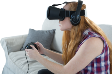 Woman playing video game with virtual reality headset