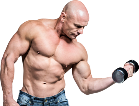 Bald man lifting dumbbells