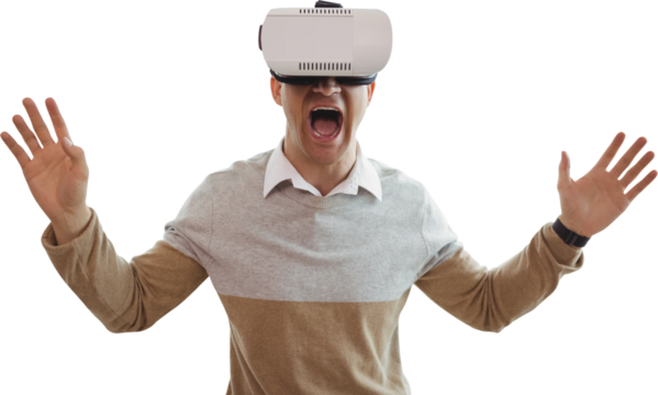 Cheerful man using virtual reality glasses