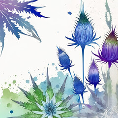 thistle and artichoke, cardoons, beautiful sommer flowers, cold blue, violet and green. botanical names, eryngium planum, cynara cardunculus. copy space. awesome illustration. Generative AI.