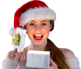 Sexy girl in santa costume opening a gift