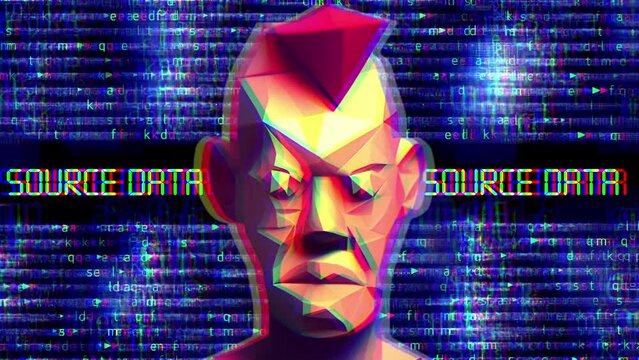 Low poly head against source data background