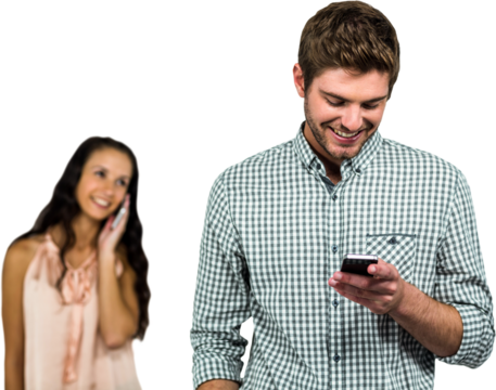 Smiling couple using smartphone