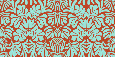Turquoise brown abstract background with tropical palm leaves in Matisse style. Vector seamless pattern with Scandinavian cut out elements.