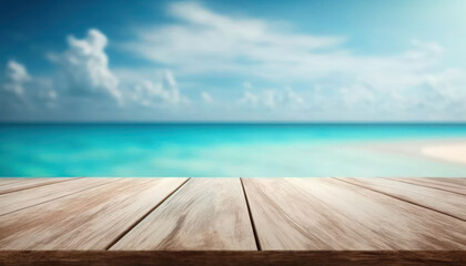 Fototapeta premium Empty wooden table top for product display with blur luxury background of sea and sky . generative AI