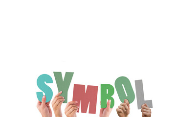 Cropped hands holding colorful alphabets forming symbol