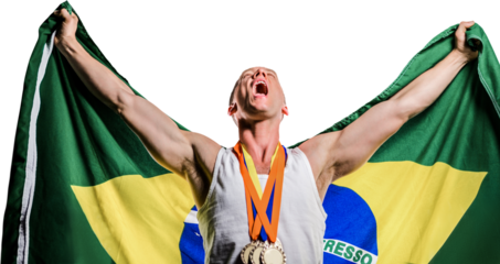 Athlete posing with gold medals after victory