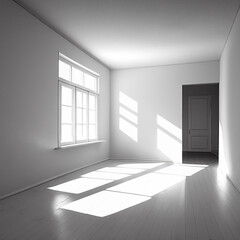 Empty living room whit white walls, sunshine through the windows. created with Generative AI technology