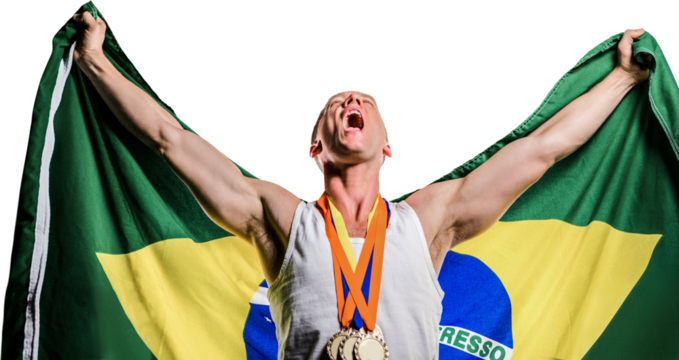 Athlete posing with gold medals after victory - Powered by Adobe