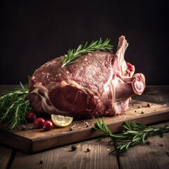 AI generated Raw lamb chops with rosemary and spices on a wooden board