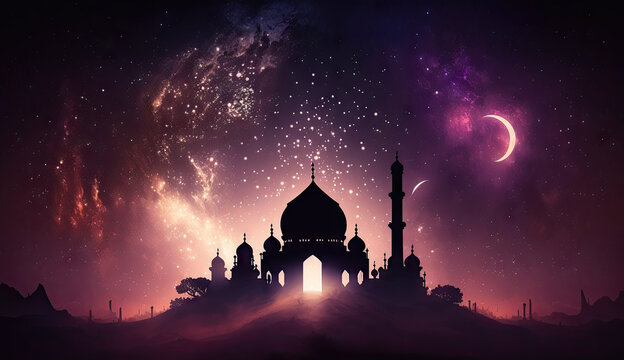 AI generated Silhouette of mosque at night. Ramadan Kareem background.