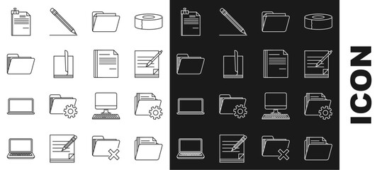 Set line Document folder, Folder settings with gears, Blank notebook and pen, File document, binder clip and icon. Vector