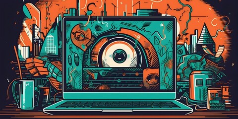Cybersecurity Illustration, Eye is watching You through your Notebook