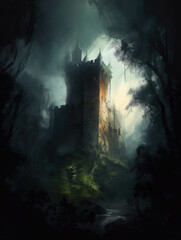 Plakat looming castle shrouded in an air of mystery its tower surrounded by a dark and foreboding forest. Gothic art. AI generation.