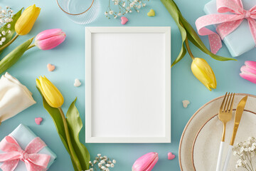 Women's Day concept. Top view photo of vertical photo frame gift boxes with bows plate cutlery fabric napkin yellow pink tulips gypsophila flowers and hearts on pastel blue background