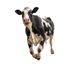 Gordijnen Happy smiling cow jumping, isolated background. Generative AI © SimgeN