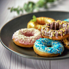 donuts with colorful glaze on a black plate on a gray background top view