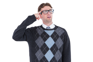 Geeky hipster thinking with finger on temple