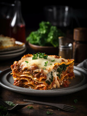 An aromatic plate of beef and vegetable lasagna oozing with melted cheese and a flavorful tomato sauce.. AI generation. - obrazy, fototapety, plakaty