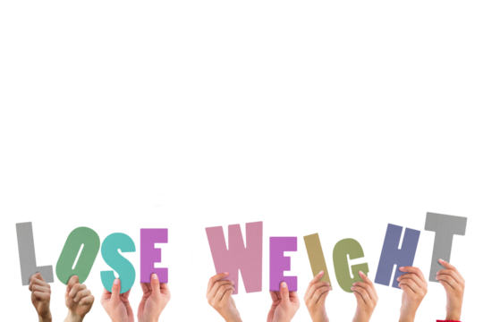 Colorful alphabet spelling lose weight held up by people 