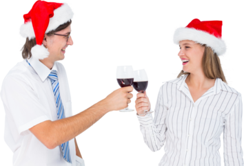 Happy geeky hipster couple drinking red wine