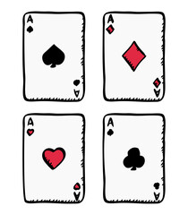 Sketch style doodle illustration of cards set on screen. All cards are aces: club, diamond, heart and spade.