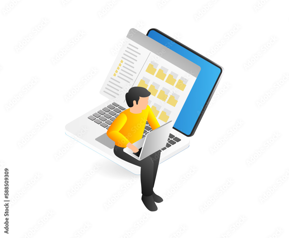 Aufkleber isometric man with laptop and document on the screen. vector illustration.