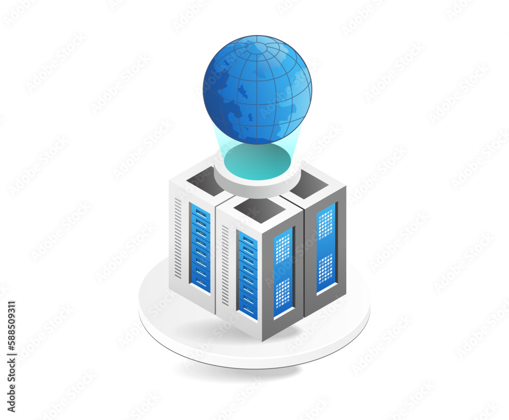 Poster Global network isometric concept. 3d server with globe. Vector illustration.