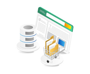 Data center isometric concept. Server, database and shopping cart on white background