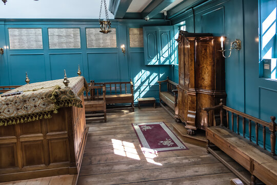 Interior of the Portuguese Synagogue (or the Esnoga, or Snoge, 1675) in Amsterdam. 'Winter Synagogue,' originally served as school for Jewish congregation. AMSTERDAM, The NETHERLANDS. April 3, 2023.