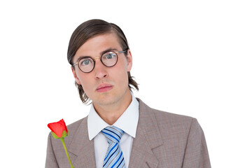 Obraz premium Geeky businessman offering a rose