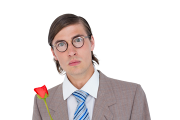 Geeky businessman offering a rose