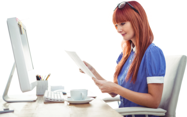 Smiling hipster woman looking at document