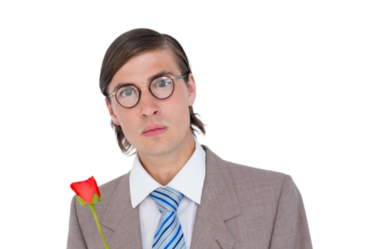 Geeky businessman offering a rose