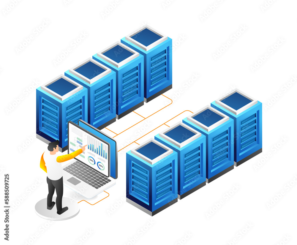 Poster isometric datacenter server room concept. server room data center. vector illustration