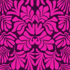 Purple pink abstract background with tropical palm leaves in Matisse style. Vector seamless pattern with Scandinavian cut out elements.