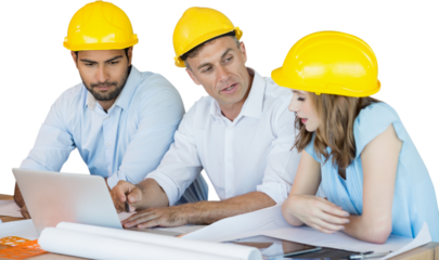 Architects discussing while sitting at table